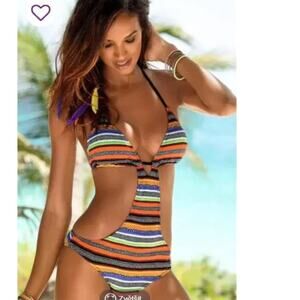 NEW Sexy Cut Out Sliding Triangle Low Back Monokini One Piece Swimsuit Aztec LG